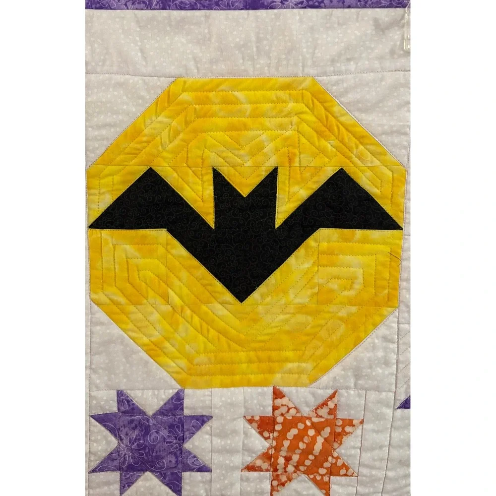 Handmade Halloween Quilt Wall Hanging Bat Moon Castle Cat Raven Script Fabric